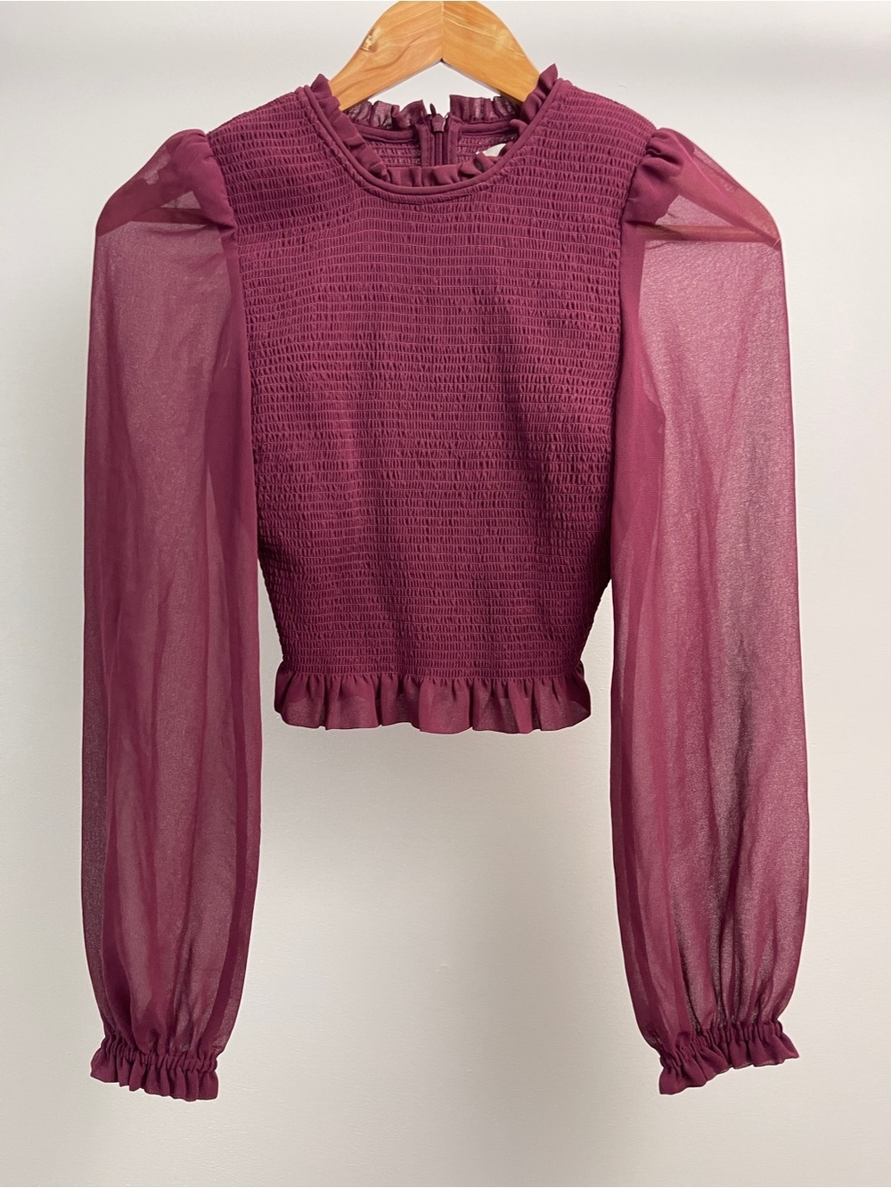 Wilfred Smocked Sheer Sleeve Crop Top Size XS